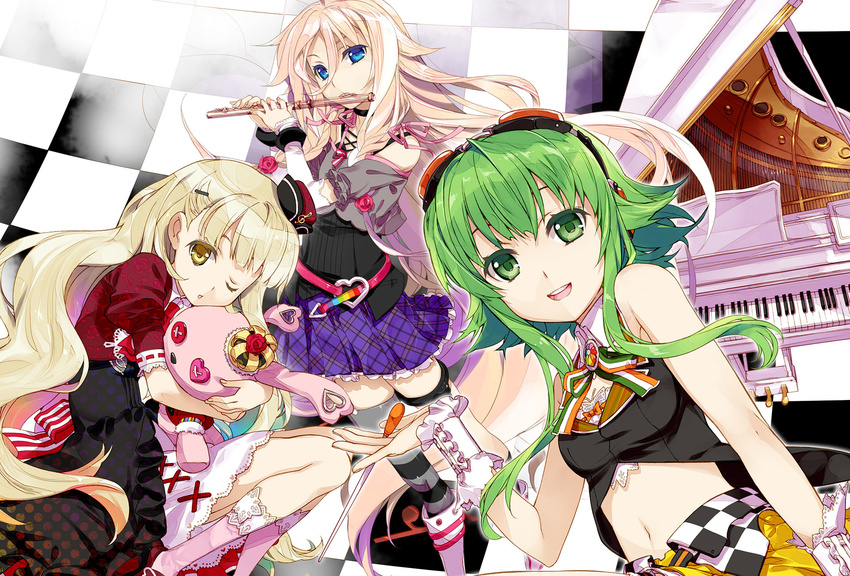 alternate_color blonde_hair blue_eyes exit_tunes flute fujima_takuya green_eyes green_hair gumi highres ia_(vocaloid) instrument long_hair mayu_(vocaloid) multiple_girls piano pink_hair short_hair stuffed_animal stuffed_bunny stuffed_toy usano_mimi vocaloid