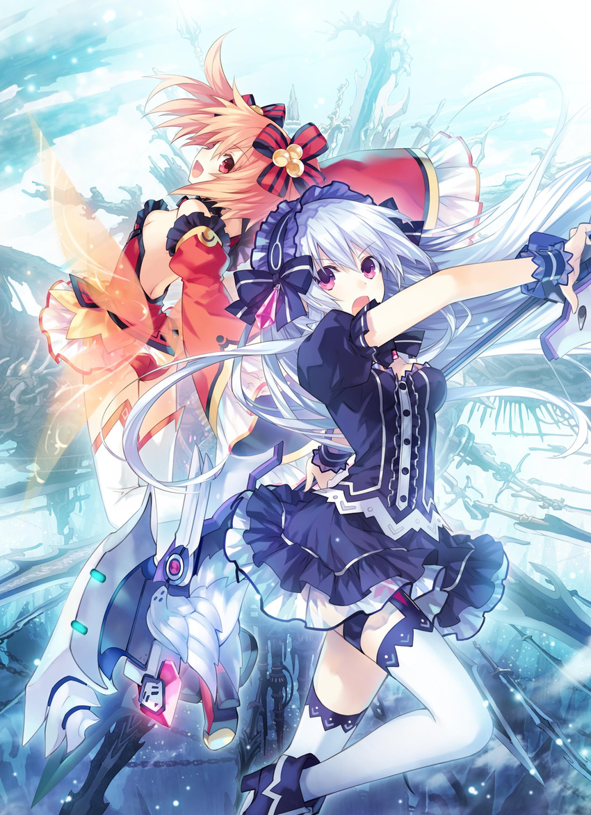 absurdres alyn_(fairy_fencer_f) bare_shoulders black_dress bow bowtie breasts choker detached_sleeves dress fairy_fencer_f frilled_skirt frills gothic_lolita hair_bow hairband highres jewelry lolita_fashion lolita_hairband long_hair long_sleeves medium_breasts miniskirt multiple_girls official_art open_mouth panties puffy_short_sleeves puffy_sleeves purple_eyes red_eyes red_hair red_panties red_skirt ribbon short_sleeves skirt thigh_strap thighhighs tiara_(fairy_fencer_f) tsunako twintails underwear weapon white_hair white_legwear