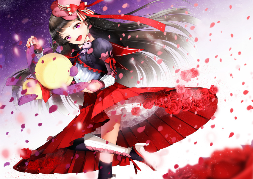 black_hair flower hair_ribbon hakusai_(tiahszld) hat long_hair looking_at_viewer open_mouth original pink_hat pleated_skirt purple_eyes red_flower red_ribbon red_skirt ribbon skirt solo