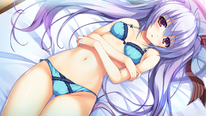 bed blush bra game_cg long_hair panties purple_hair reminiscence shimazu_aki tomose_shunsaku twintails underwear
