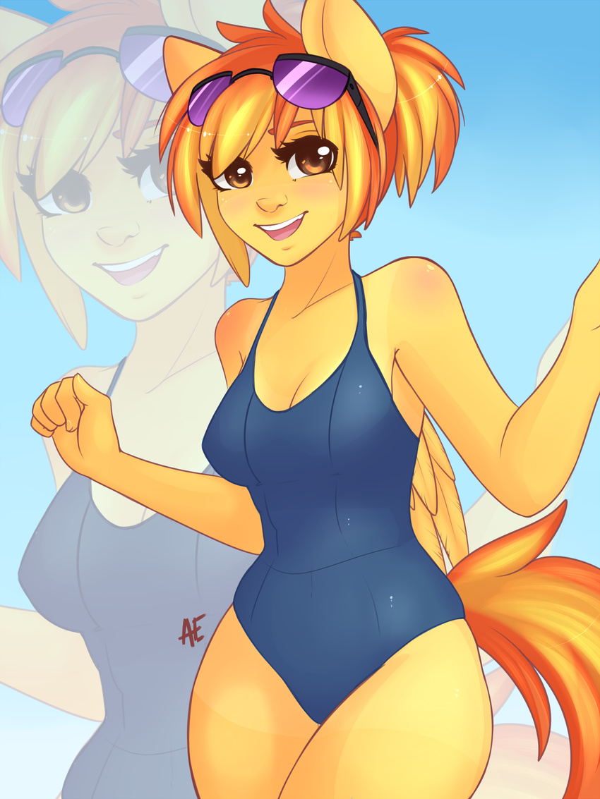anthro anthrofied blush breasts brown_eyes equine eyewear female friendship_is_magic glasses hair horse looking_at_viewer mammal my_little_pony orange_hair pegasus pony solo spitfire_(mlp) spittfire standing sunglasses swimsuit tan_line two_tone_hair wings wonderbolts_(mlp)