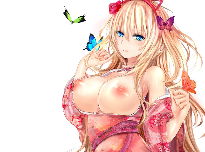 blonde_hair blue_eyes breasts butterfly japanese_clothes kimono misako nipples open_shirt touhou white yakumo_yukari