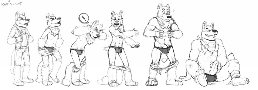 bandanna briefs bulge canine ear_piercing erection eyes_closed fursuit humanoid_penis male mammal masturbation muscle_growth muscles penis piercing poking_out redic-nomad solo surprise topless transformation underwear undressing