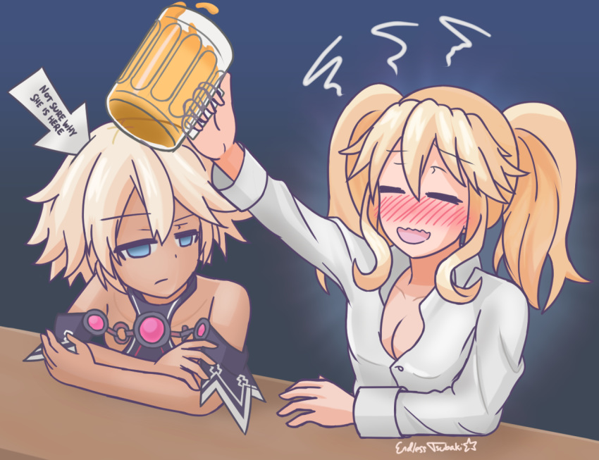 2girls alcohol alternate_costume arm_up bare_shoulders beer beer_mug breasts cleavage collared_shirt commentary croire dark_skin detached_sleeves drunk endlesstsubaki english_commentary english_text eyes_closed frown hair_between_eyes histoire long_hair looking_at_another medium_hair multiple_girls neptune_(series) no_wings open_mouth shin_jigen_game_neptune_vii shirt short_hair signature smile twintails white_shirt