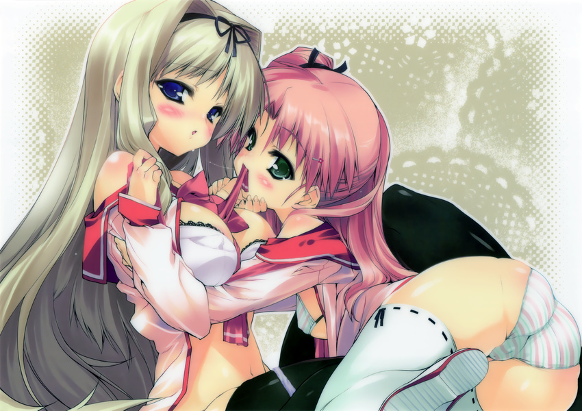 2girls blonde_hair blush bra breasts kusugawa_sasara long_hair maaryan nipples nopan panties pink_hair striped_panties thighhighs to_heart to_heart_2 underwear urotan