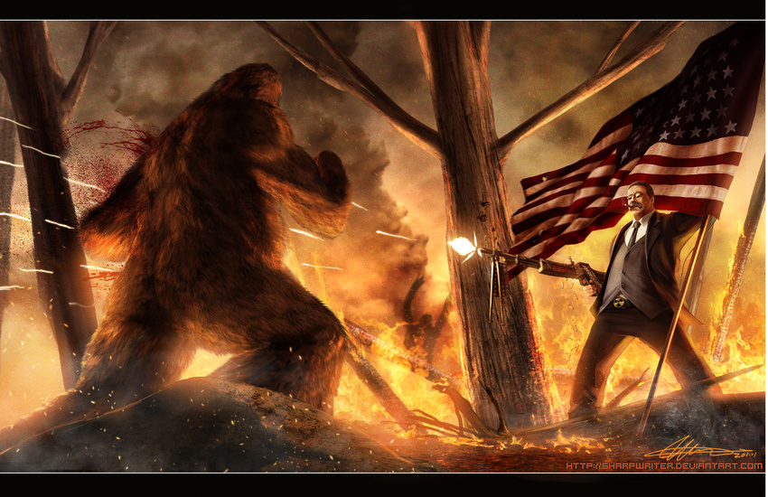 american_flag big_foot bigfoot blood bullet bullets fire flag gun human m60 male mammal monster ranged_weapon sasquatch sharpwriter smoking suit teddy_roosevelt theodore_roosevelt tree warm_colors weapon