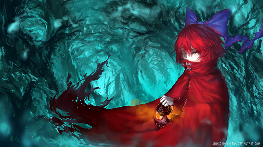blue_background bow buckle cape covering_mouth dungeon hair_bow highres lantern one-eyed red_eyes red_hair sekibanki shinigami_wyvern short_hair solo torn_clothes touhou watermark web_address