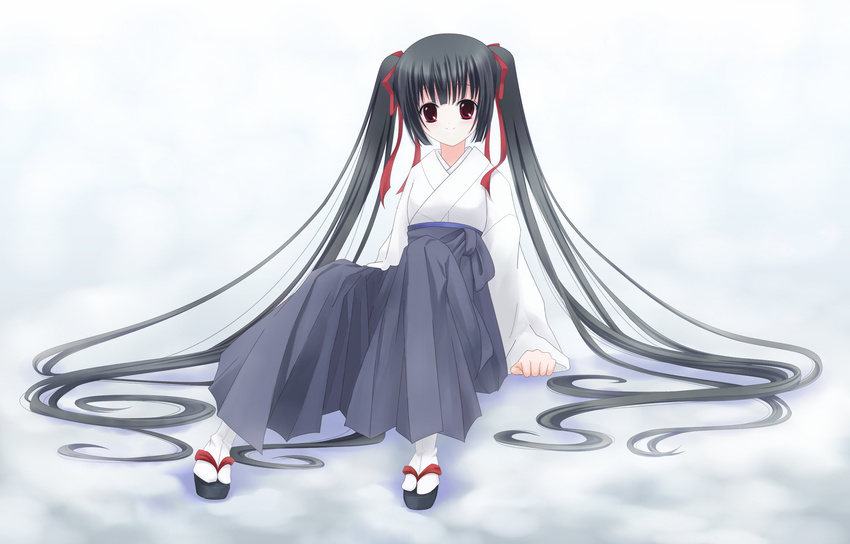 black_hair bow coluel japanese_clothes long_hair red_eyes ribbons twintails