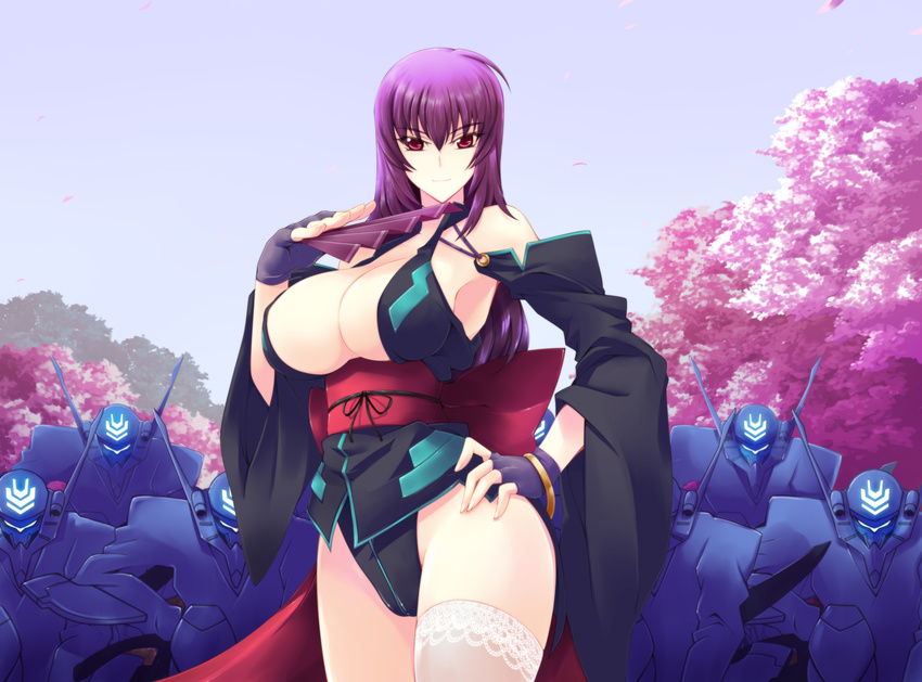 &gt;:) armpits bare_shoulders black_gloves breasts cherry_blossoms cleavage detached_sleeves fan fingerless_gloves folding_fan gloves haganef hand_on_hip happy_birthday highres japanese_clothes kouzuki_yuuko lace lace-trimmed_thighhighs large_breasts long_hair long_sleeves looking_at_viewer muvluv ninja obi petals purple_hair red_eyes revealing_clothes sash sideboob single_thighhigh smile solo_focus thighhighs translation_request underboob v-shaped_eyebrows white_legwear wide_sleeves