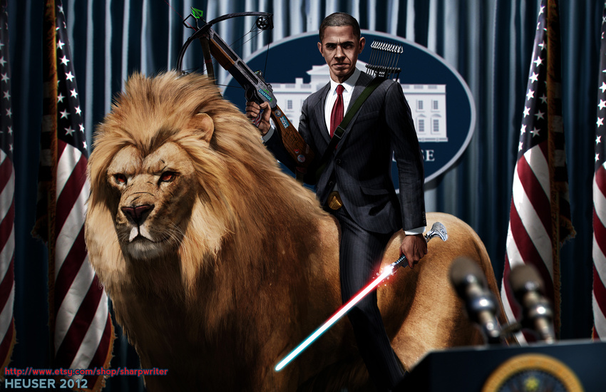 american_flag arrow barack_obama bow_(weapon) crossbow edit feline flag flags human laser lightsaber lion male mammal necktie quiver ranged_weapon red_eyes riding scar sharpwriter shopped star_wars suit sword weapon what where_is_your_god_now