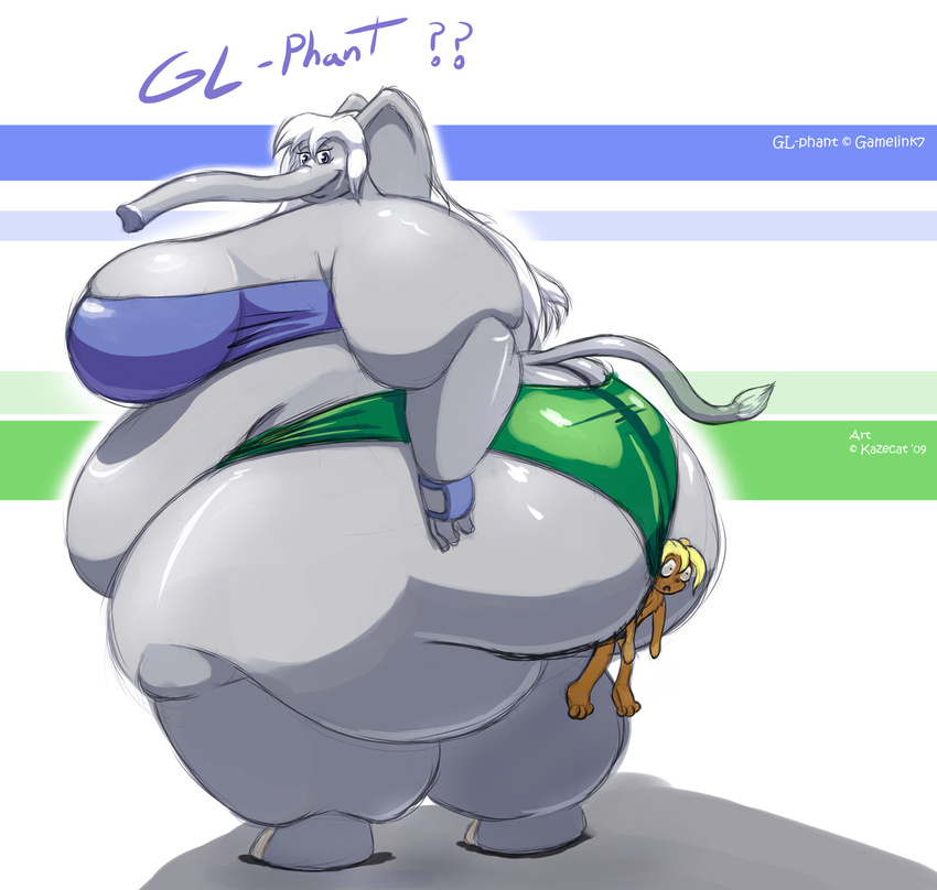 big_butt blonde_hair breasts butt butt_crush elephant female hair huge_breasts huge_butt kazecat looking_back male mammal morbidly_obese obese overweight panties shocked size_difference smile squish stuck trapped underwear white_hair