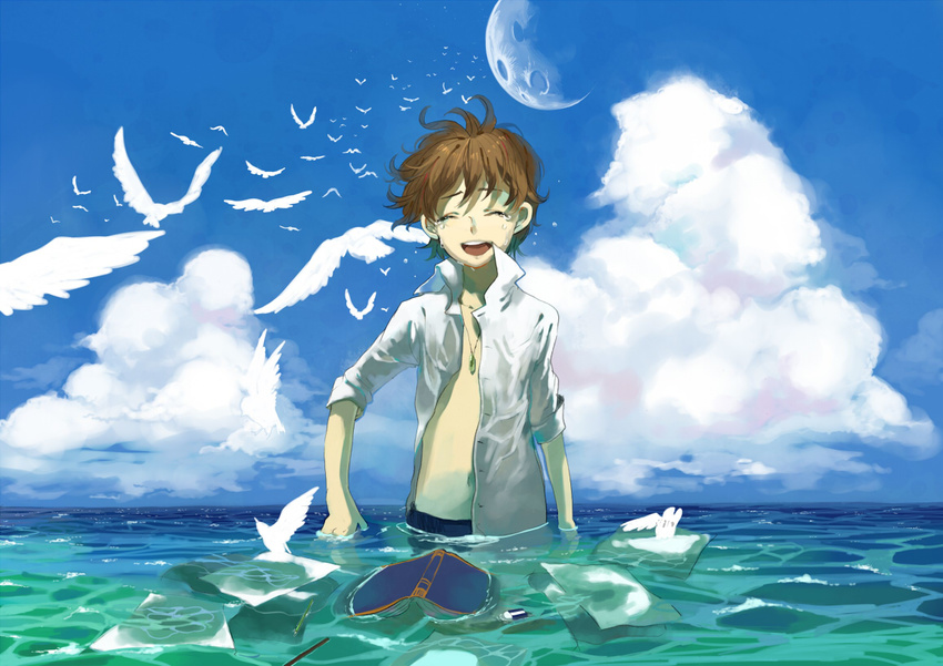 animal bird book brown_hair clouds kyouichi male moon necklace original paper sky tears water