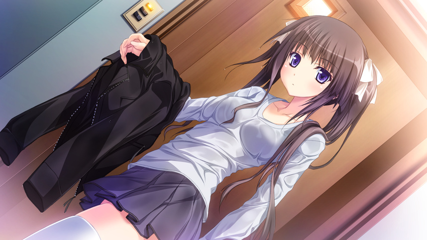 brown_eyes game_cg hapymaher hirasaka_keiko long_hair purple_eyes ribbons skirt tsukimori_hiro wet