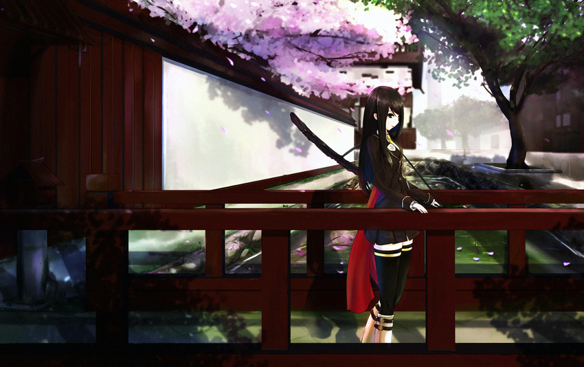 black_hair cherry_blossoms katana kikivi long_hair original sword thighhighs weapon