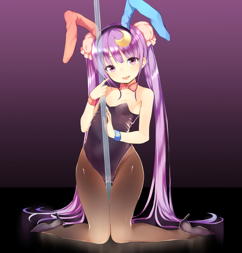 alternate_costume alternate_hairstyle animal_ears bare_shoulders black_legwear blush bow bowtie breasts bunny_ears bunny_girl bunnysuit covered_navel crescent crescent_hair_ornament fake_animal_ears hair_ornament long_hair looking_at_viewer open_mouth pantyhose patchouli_knowledge pokachu pole pole_dancing purple_eyes purple_hair small_breasts smile solo stripper_pole touhou twintails very_long_hair