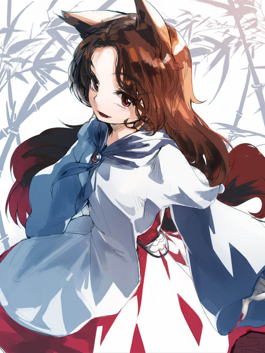 animal_ears bamboo brooch brown_eyes brown_hair fang geppewi highres imaizumi_kagerou jewelry leaf long_hair open_mouth smile solo touhou wolf_ears