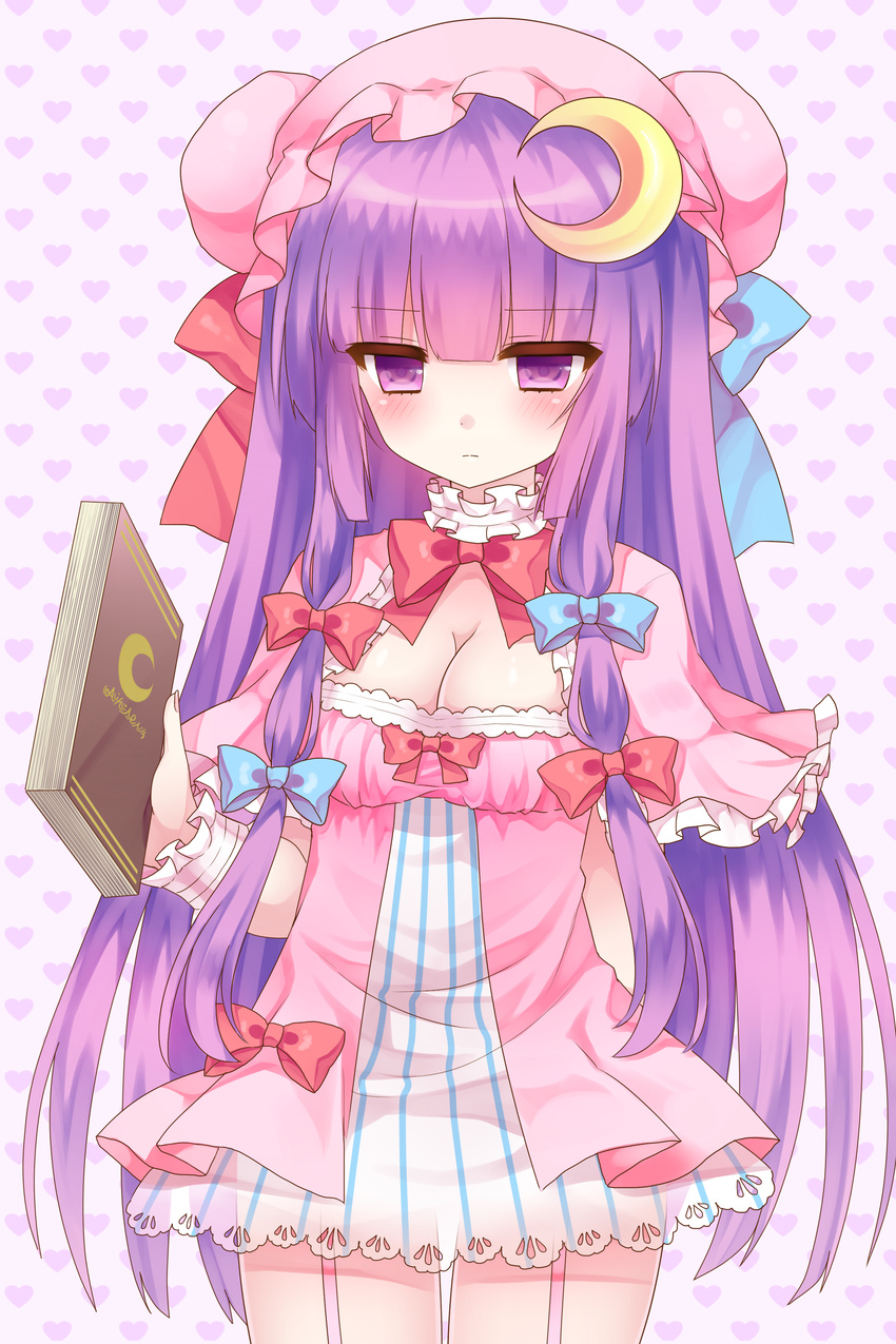 absurdres bad_id bad_pixiv_id blush book bow breasts cleavage crescent dress garter_straps hat heart heart_background highres medium_breasts patchouli_knowledge purple_eyes purple_hair solo touhou tsukikage_nemu