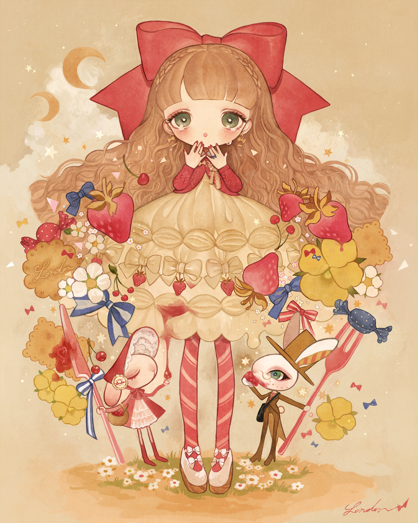 basket bonnet bow brown_hair bunny cardigan cherry cookie crescent_moon diagonal_stripes earrings eating flower food fork fruit full_body green_eyes hair_bow hands_on_own_face hat highres jewelry knife lalala222 lolita_fashion long_hair looking_at_viewer moon nail_polish no_nose original pansy pantyhose petticoat platform red_legwear red_nails shoes signature solo standing strawberry strawberry_blossoms striped striped_legwear sweet_lolita sweets tears top_hat wavy_hair