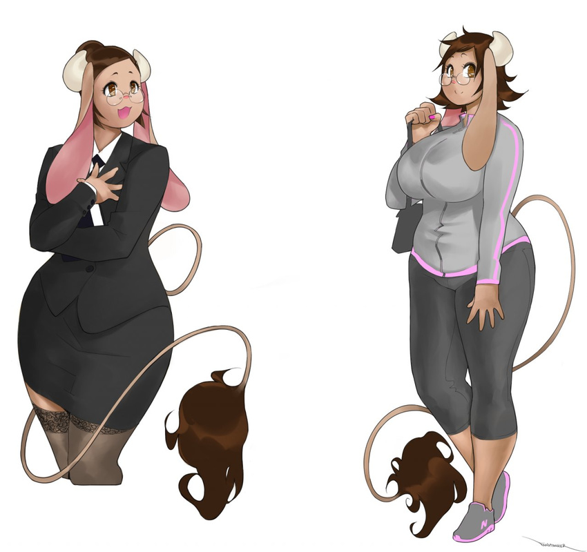 big_breasts bovine breasts brown_eyes brown_hair brown_skin business_suit cattle clothing eyewear fangdangler female floppy_ears glasses gloria_cow hair horn huge_breasts long_ears looking_at_viewer milf mother necktie pants parent shoes short_hair skirt smile standing stockings suit tail_tuft teacher thick_thighs voluptuous wide_hips