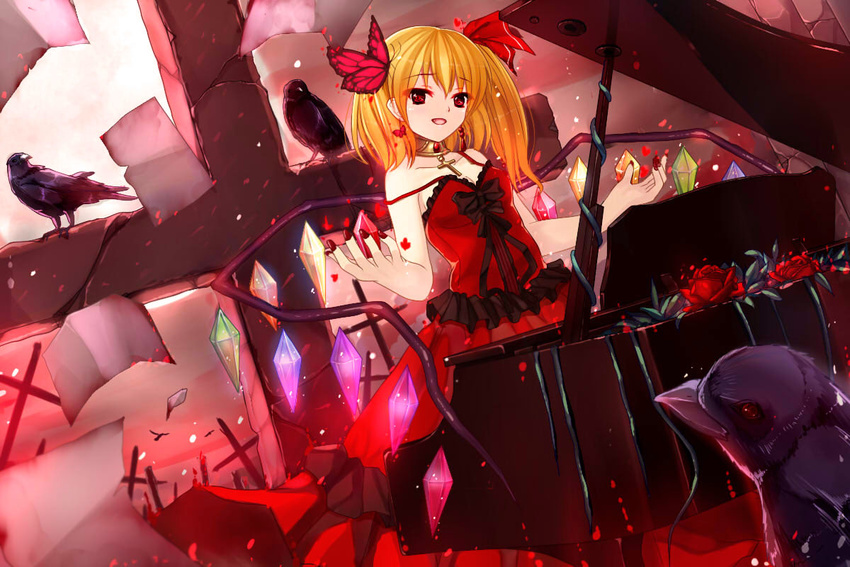 alternate_costume bad_id bad_pixiv_id bai_kongque bare_shoulders bird blonde_hair blood blood_splatter bow breasts butterfly_on_head choker cleavage collarbone cross crow dress fingernails flandre_scarlet flower frills gem hair_ribbon hand_up instrument leaf light_particles looking_at_viewer medium_breasts nail_polish open_hand open_mouth paper piano plant red_eyes red_flower red_rose ribbon rose short_hair side_ponytail solo strapless strapless_dress touhou vines wings