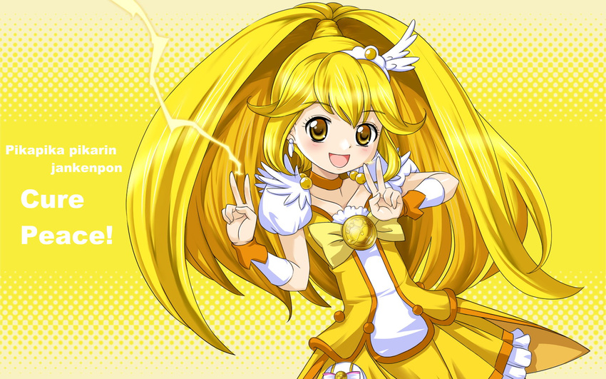 blonde_hair bow brooch character_name choker crazypen cure_peace double_v electricity hair_flaps jewelry kise_yayoi long_hair magical_girl open_mouth pika_pika_pikarin_jankenpon ponytail precure ribbon skirt smile smile_precure! solo text_focus tiara v wrist_cuffs yellow yellow_background yellow_bow yellow_eyes yellow_skirt