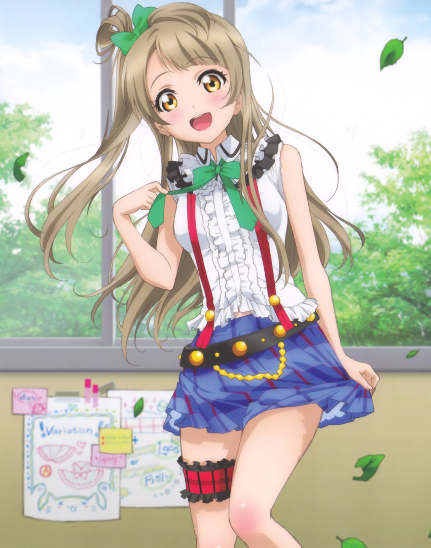 bow brown_eyes brown_hair hair_bow highres idol leg_garter long_hair love_live! love_live!_school_idol_project minami_kotori nishida_asako one_side_up petticoat ponytail slip_showing smile solo suspenders