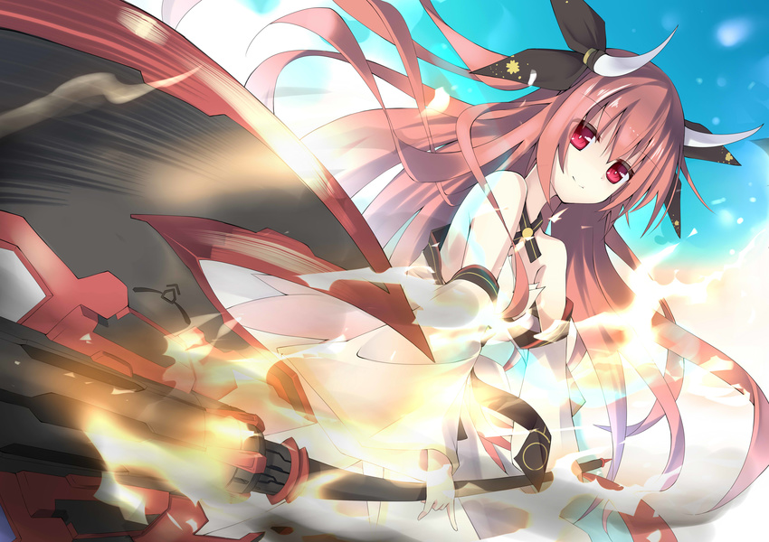 absurdres bare_shoulders date_a_live fire hair_ornament halberd highres itsuka_kotori long_hair looking_at_viewer makadamixa polearm red_eyes red_hair smile solo twintails very_long_hair weapon wide_sleeves