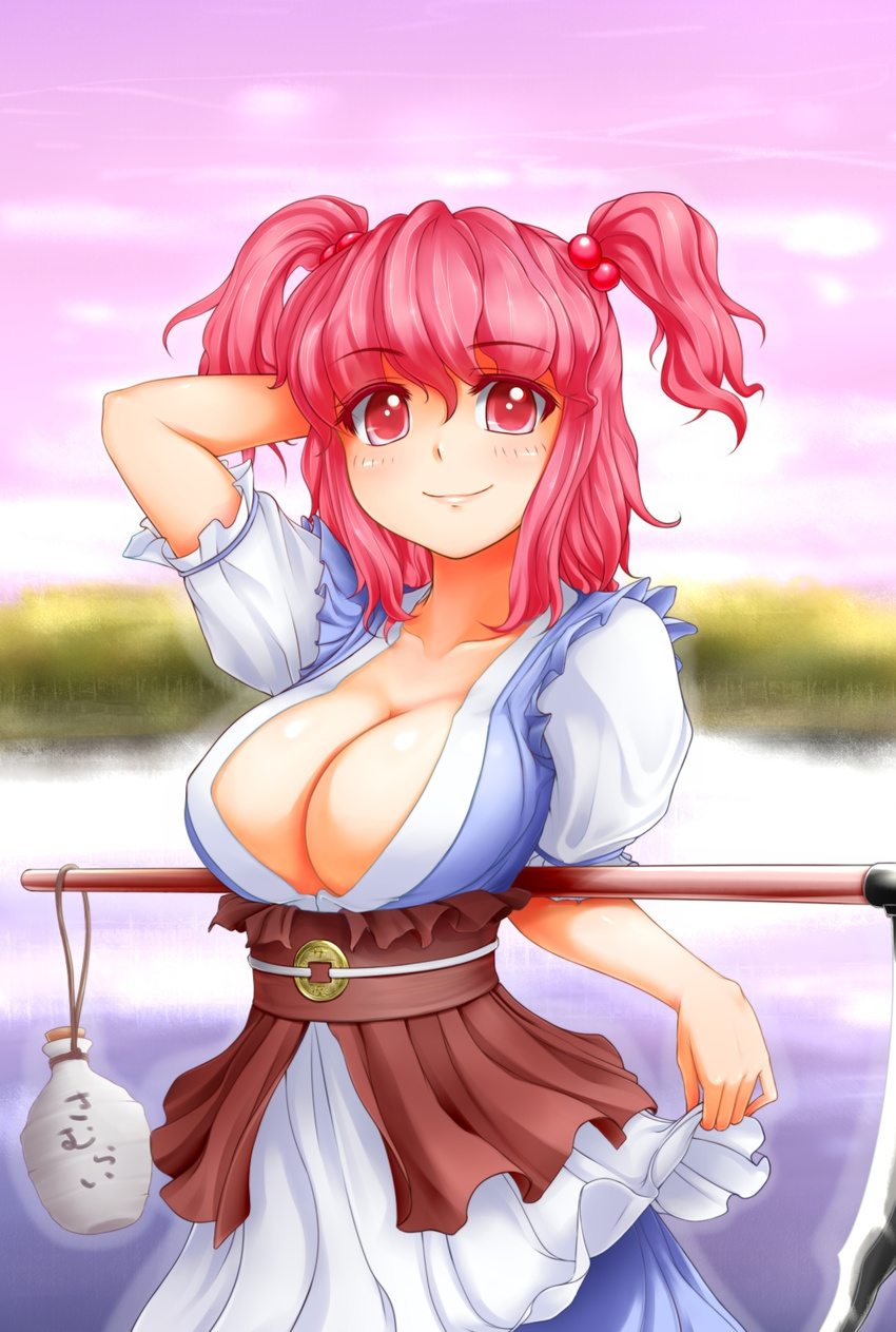 arm_up blush breasts cleavage coin collarbone hair_bobbles hair_ornament hand_behind_head highres irudana large_breasts looking_at_viewer no_bra obi onozuka_komachi red_eyes red_hair sash scythe short_hair smile solo touhou two_side_up
