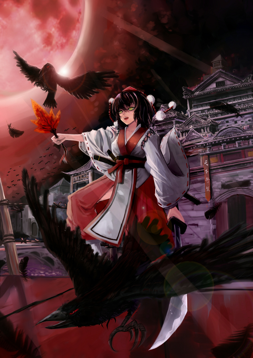 absurdres alternate_costume architecture bbkid bird black_hair crow east_asian_architecture expressionless fan feathers hat hauchiwa highres japanese_clothes lips looking_away m.u.g.e.n open_mouth shameimaru_aya solo sword tokin_hat touhou weapon yellow_eyes