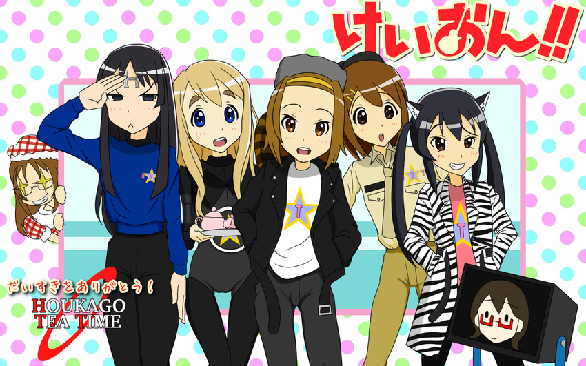 6+girls 6girls akiyama_mio animal_ears bbc black_hair brown_hair cat_ears cosplay crossover glasses hands_in_pockets hirasawa_yui k-on! kotobuki_tsumugi manabe_nodoka multiple_girls nakano_azusa red_dwarf salute tainaka_ritsu twintails yamanaka_sawako