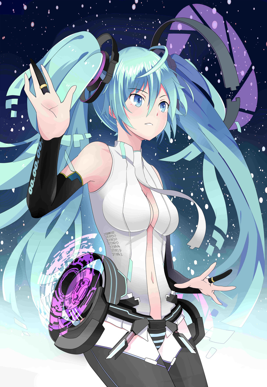 absurdres aqua_eyes aqua_hair bad_id bad_pixiv_id bridal_gauntlets center_opening hatsune_miku hatsune_miku_(append) highres long_hair navel necktie roillingm solo thighhighs twintails very_long_hair vocaloid vocaloid_append