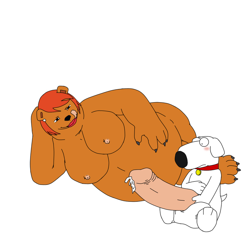 balls bear big_balls big_penis bigbadwolf blush breasts brian_griffin canine chubby claws cleveland_show collar collar_tag dog ear_piercing erection family_guy female hair hand_on_chest holding_head humanoid_penis hyper hyper_balls hyper_penis licking licking_lips lipstick lying male mammal name_tag nipples nude obese on_side orange_hair overweight pearl penis piercing plain_background precum red_lips retracted_foreskin sitting surprise the_cleveland_show toe_claws tongue uncut white_background