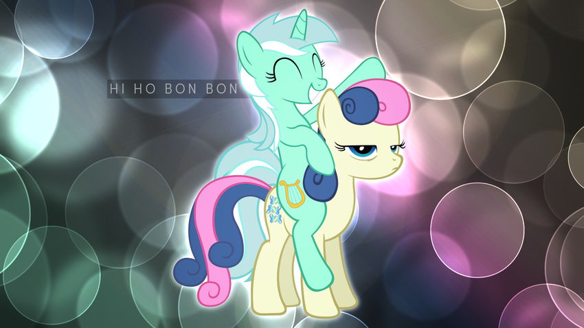 blur bonbon_(mlp) clockwork65 cutie_mark duo english_text equine eyelashes eyes_closed female feral friendship_is_magic fur glowing hair horn horse humor long_hair lyra_(mlp) lyra_heartstrings_(mlp) mammal my_little_pony open_mouth orbs outline pony pose riding sitting smile standing teeth text two_tone_hair unicorn unimpressed