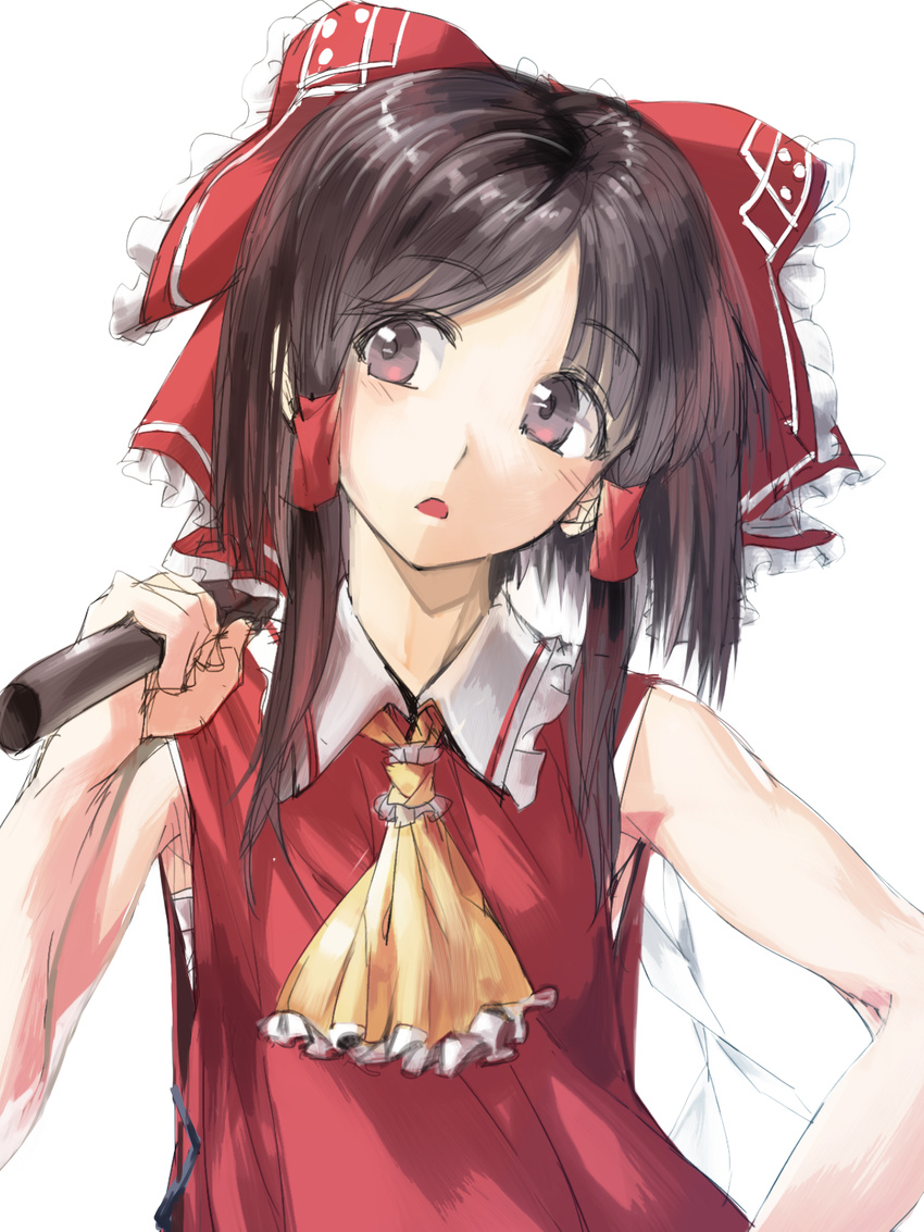 ascot black_hair blush bow brown_eyes geppewi gohei hair_bow hair_tubes hakurei_reimu highres long_hair open_mouth over_shoulder simple_background sketch sleeveless solo touhou white_background