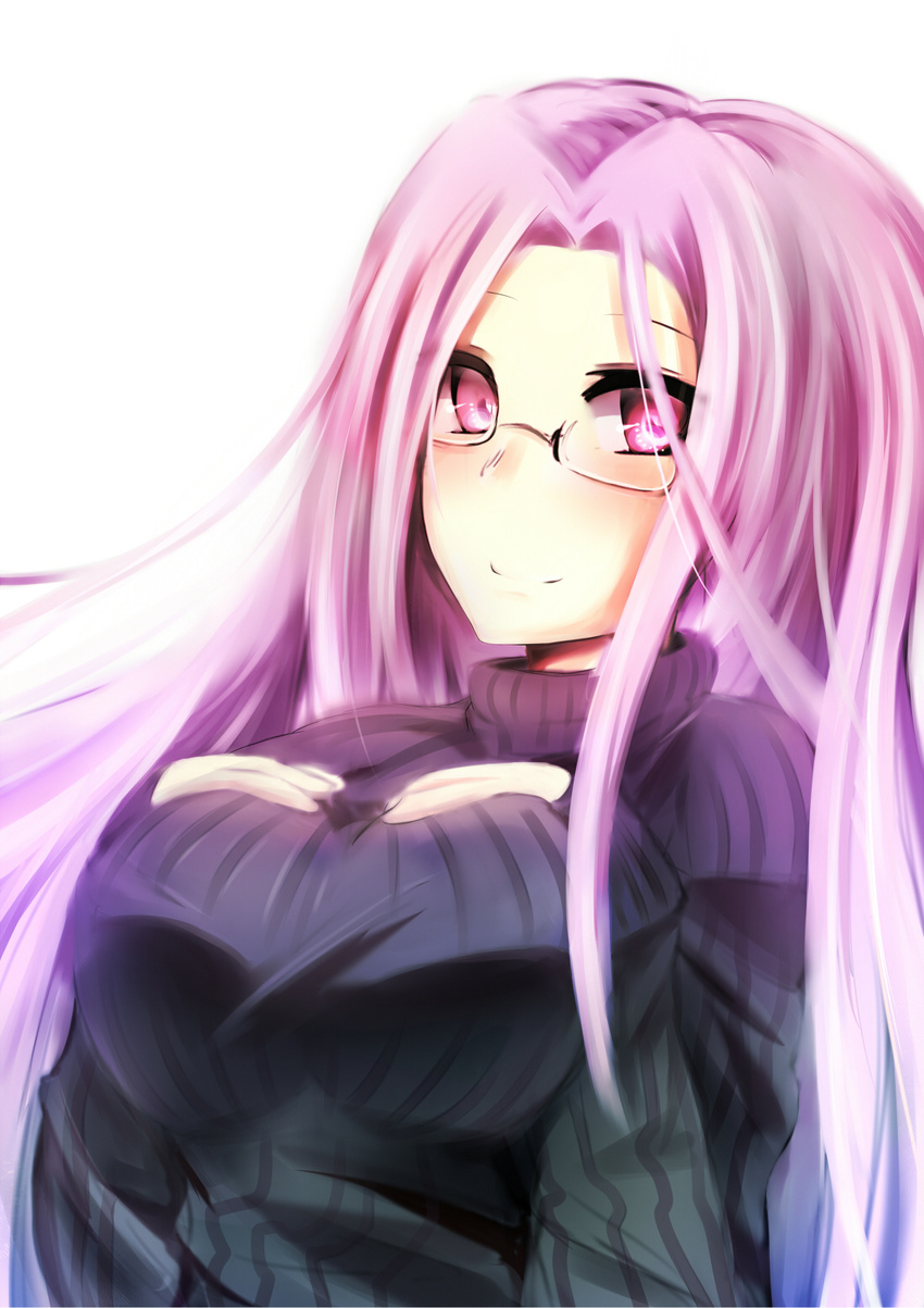 bad_id bad_pixiv_id breasts fate/stay_night fate_(series) glasses highres large_breasts long_hair long_sleeves purple_eyes purple_hair ribbed_sweater rider sketch smile solo suteba_(grzjkbhgf) sweater turtleneck