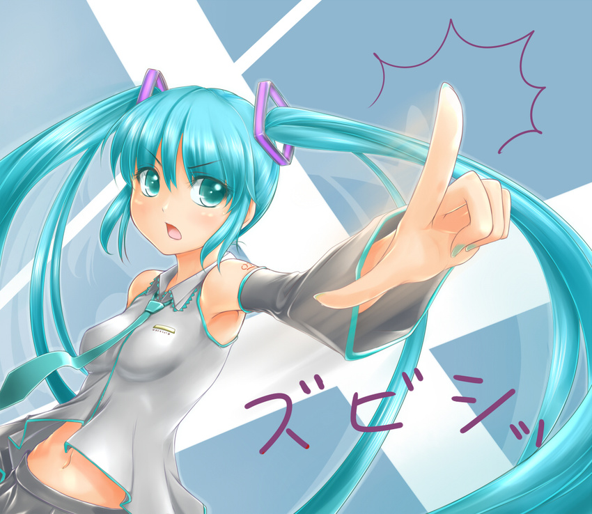blush breasts detached_sleeves green_eyes hatsune_miku irudana long_hair medium_breasts midriff necktie open_mouth pointing solo twintails very_long_hair vocaloid