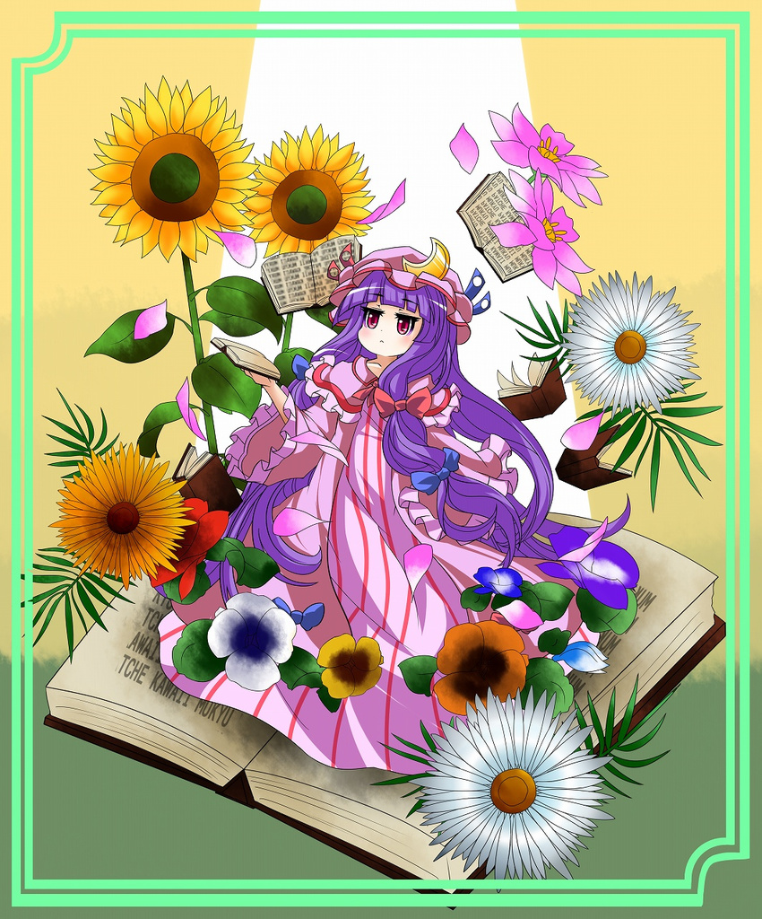 :&lt; book border bow capelet crescent daisy dress flower hair_bow hand_up hat hat_ribbon highres leaf long_hair looking_away mob_cap morning_glory mukyuu open_book patchouli_knowledge purple_hair red_eyes red_flower red_rose ribbon robe rose ryouryou solo sunflower touhou very_long_hair yellow_background