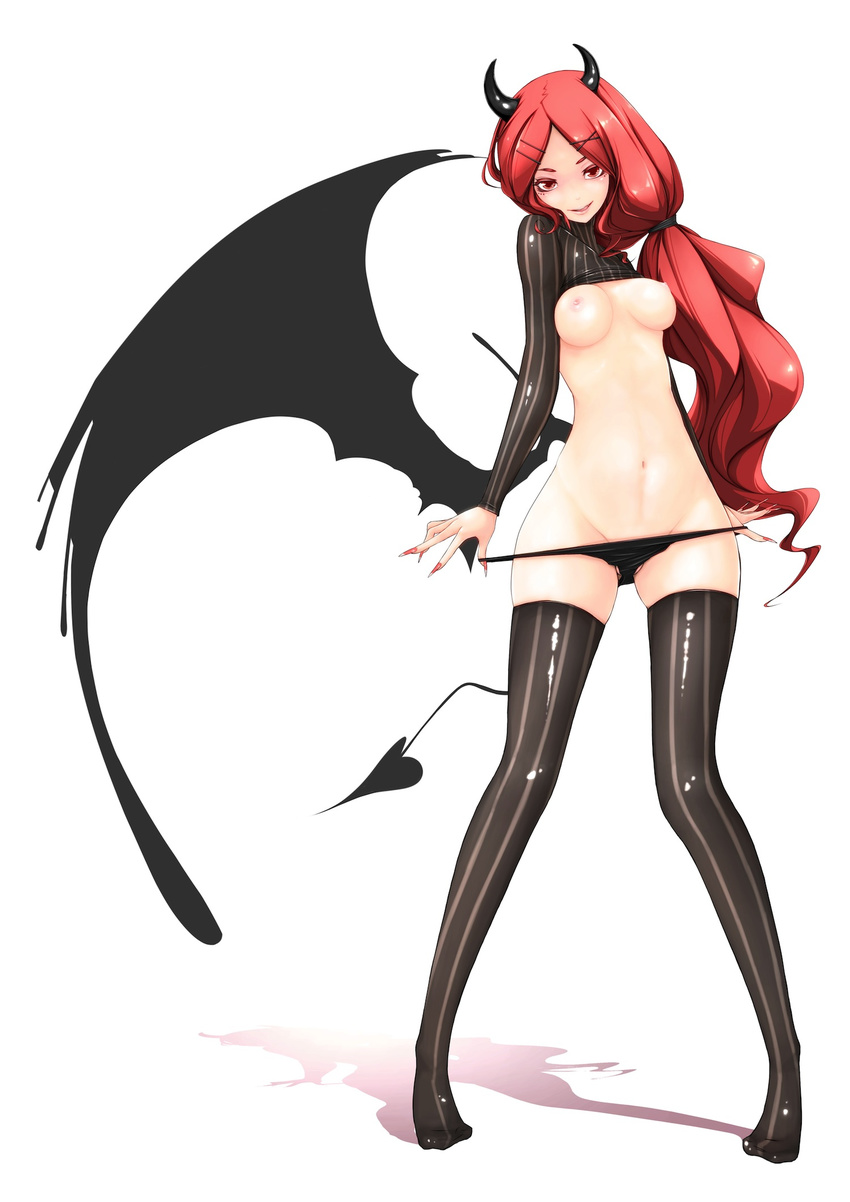 1girl bad_id bad_pixiv_id breasts demon_girl demon_horns demon_tail demon_wings highres horns long_hair long_legs looking_at_viewer low_wings medium_breasts nipples no_shoes original pinstripe_pattern red_hair single_wing smile solo stomach striped succubus tail thighhighs very_long_hair wings