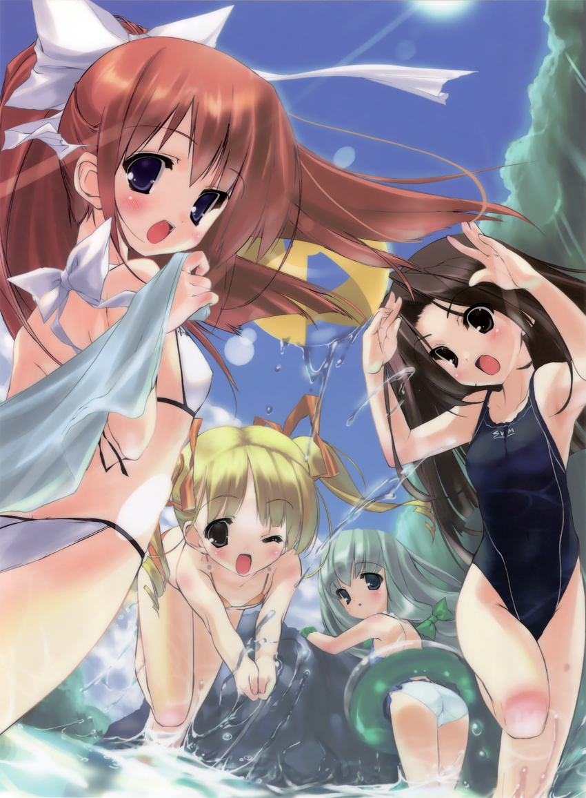 absurdres bikini black_eyes black_hair blonde_hair brown_eyes competition_swimsuit green_hair highres innertube long_hair multiple_girls ocean one-piece_swimsuit one_eye_closed original ponytail purple_eyes red_hair smile splashing swimsuit twintails urotan water