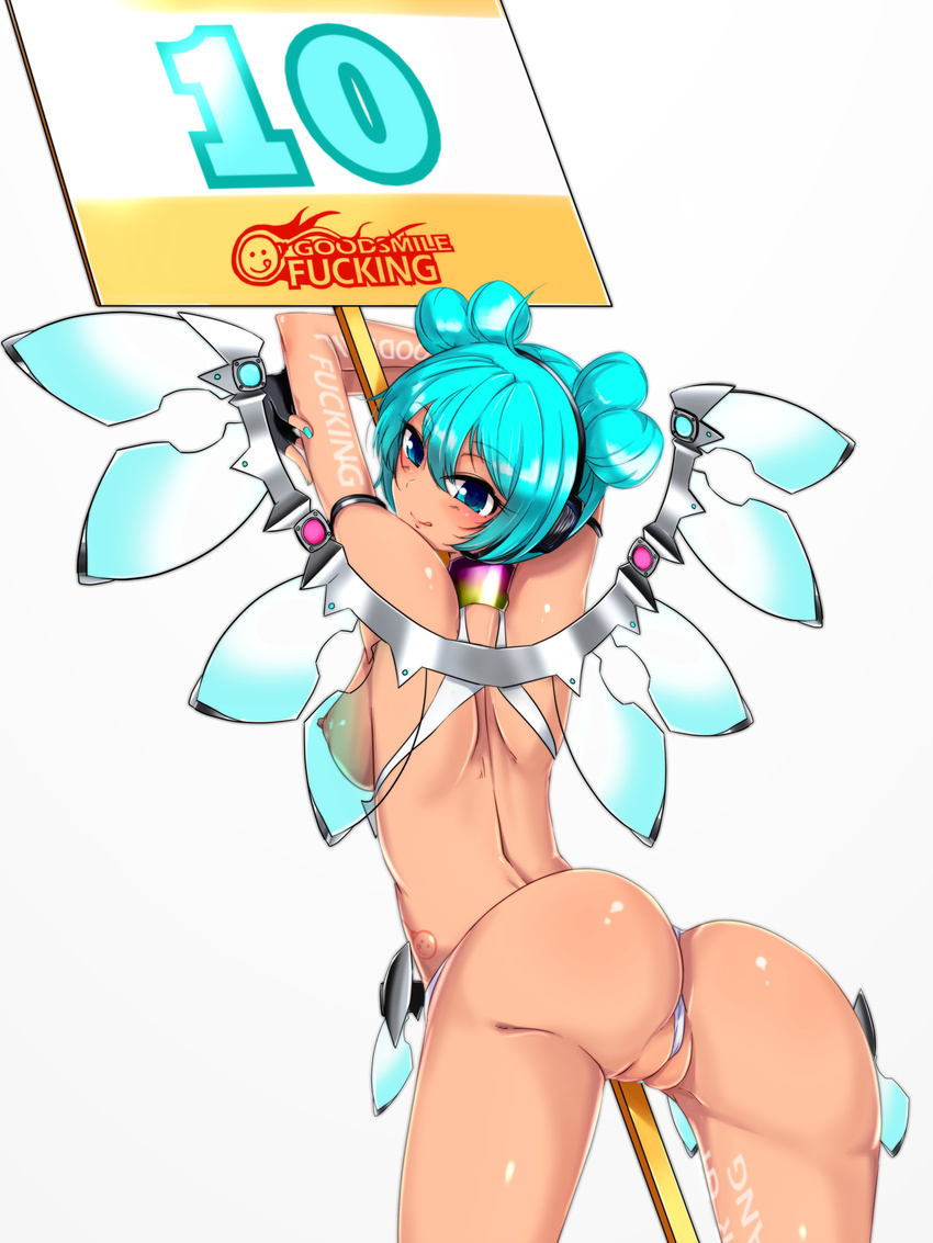 aqua_hair ass blue_eyes breasts haruhisky hatsune_miku highres looking_back mechanical_wings nipples placard race_queen short_hair sign solo tan tanline topless vocaloid wings