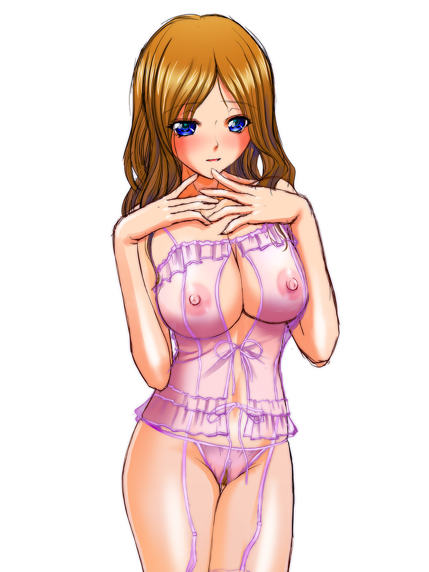 1girl blue_eyes blush breasts brown_hair crotchless_panties female highres lingerie long_hair nakano_kinzan navel nipples open_mouth panties pubic_hair pussy see-through solo standing uncensored underwear