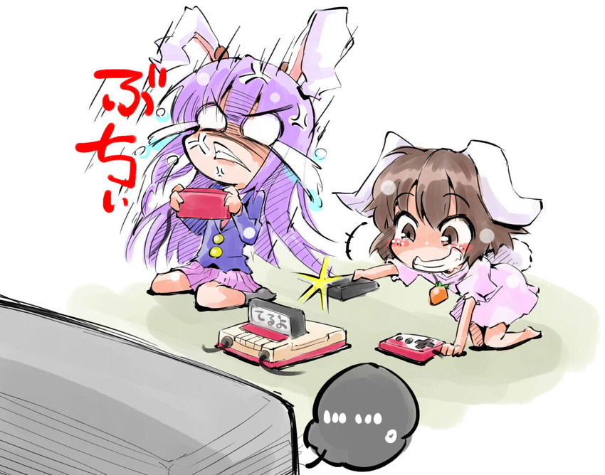 ... 2girls anger_vein angry animal_ears brown_eyes brown_hair bunny_ears bunny_tail commentary_request evil_grin evil_smile famicom game_console grin inaba_tewi long_hair multiple_girls purple_hair reisen_udongein_inaba shinapuu smile tail tears television touhou trolling