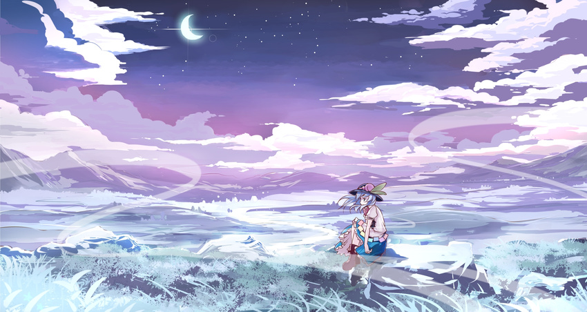 bad_id bad_pixiv_id blue_hair cloud crescent_moon food fruit grass hat highres hinanawi_tenshi landscape long_hair moon mountain night peach puffy_sleeves risutaru shirt short_sleeves sitting sitting_on_rock skirt sky solo star star_(sky) starry_sky touhou wind