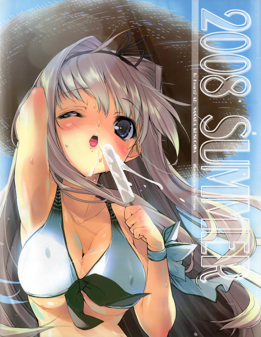 2008 ;o absurdres arm_up armpits bare_shoulders bikini blonde_hair blue_bikini blue_eyes blush breasts cleavage food front-tie_top hair_ribbon hat highres huge_filesize kusugawa_sasara large_breasts long_hair one_eye_closed open_mouth popsicle ribbon scan solo straw_hat sun_hat sweat swimsuit to_heart_2 urotan wrist_ribbon