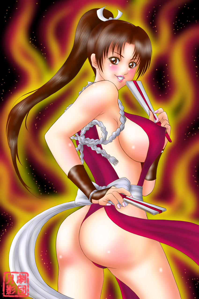 1girl ass blush breasts brown_hair fan fatal_fury highres jun_tamayochan knot large_breasts looking_back ponytail rope shiranui_mai solo