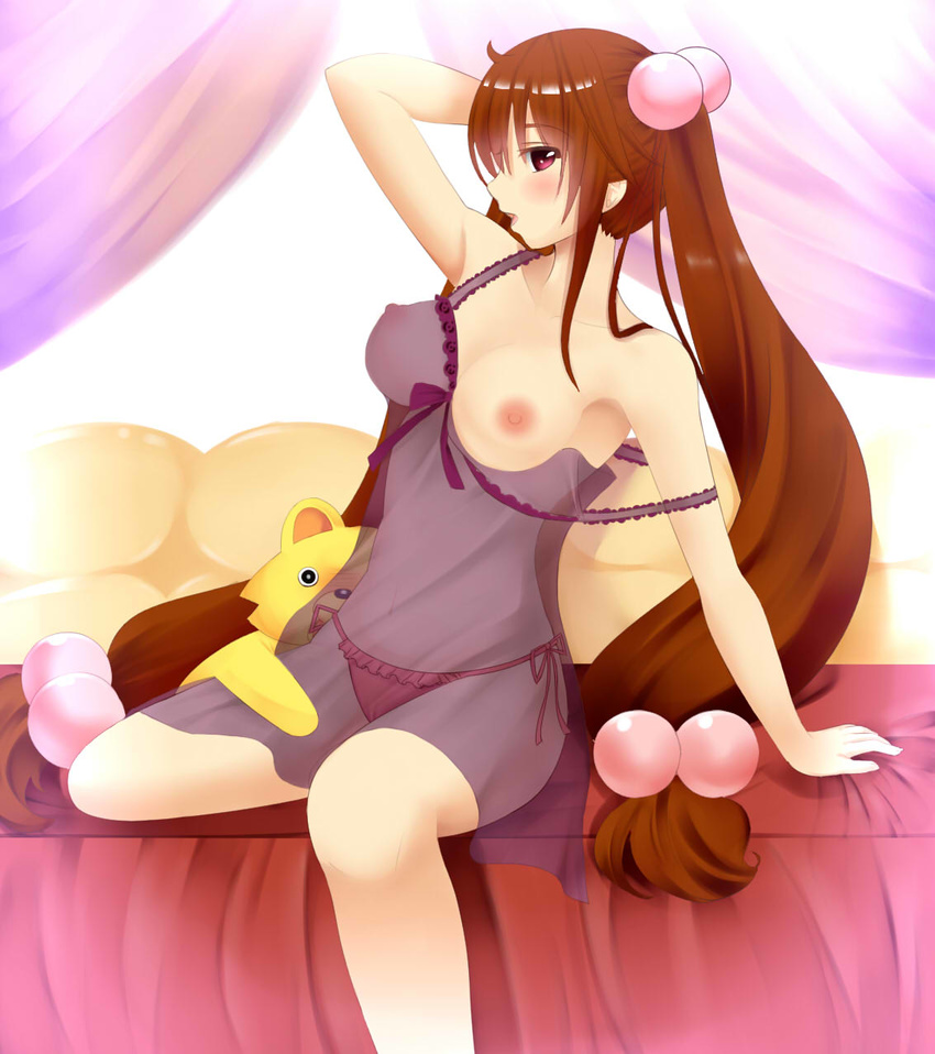 alternate_breast_size arm_support armpits bed bed_sheet breast_slip breasts brown_hair collarbone hair_bobbles hair_ornament highres kodomo_no_jikan kokonoe_rin large_breasts long_hair looking_at_viewer navel nipples older on_bed one_breast_out open_mouth panties pink_eyes see-through side-tie_panties sitting solo stuffed_animal stuffed_toy twintails underwear very_long_hair