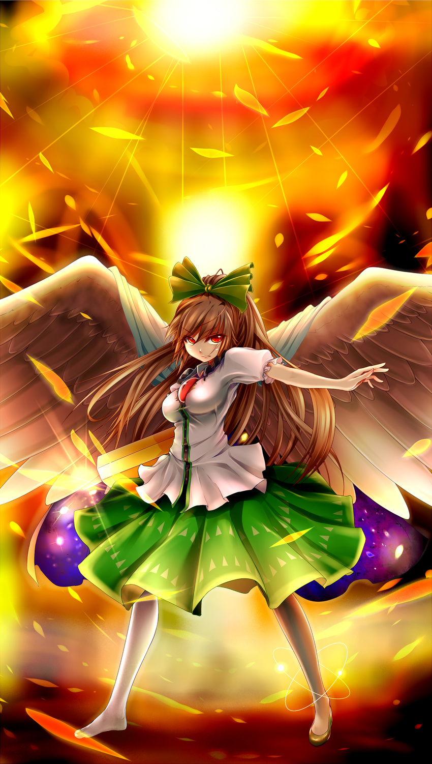 barefoot bow breasts brown_hair brown_wings cape flats hair_bow highres irudana long_hair medium_breasts red_eyes reiuji_utsuho shoes single_shoe solo touhou very_long_hair wings