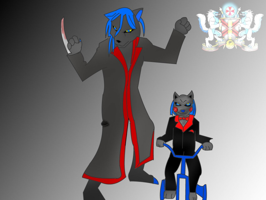 blue_eyes blue_hair canine coat duo hair jigsaw_(saw) knife male mammal mask silverbowserwolf tricycle what wolf