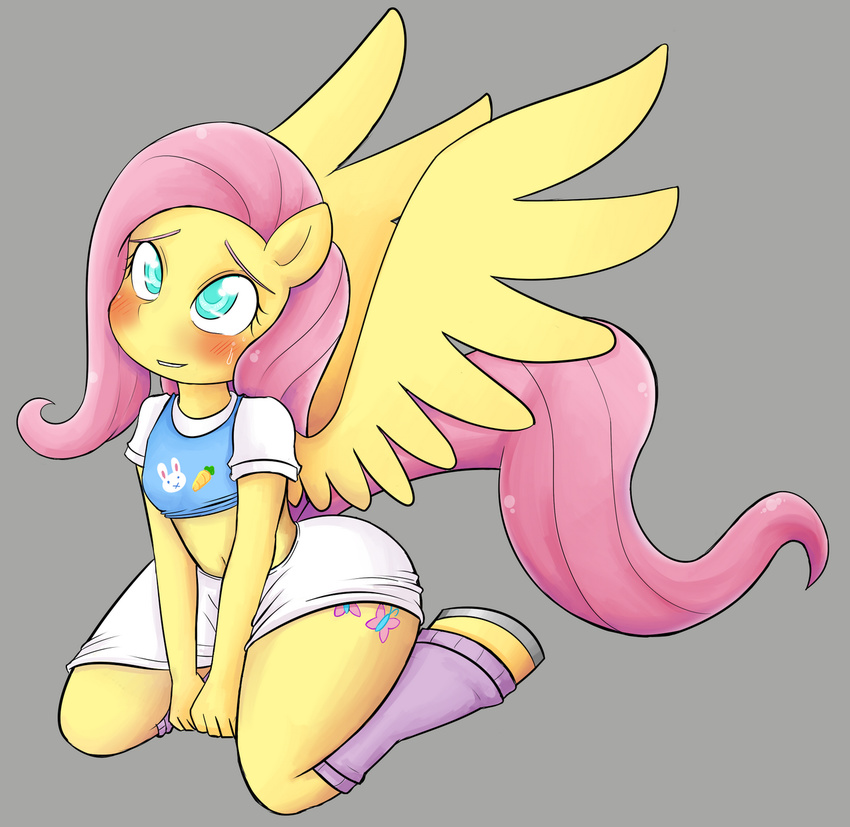 anthro anthrofied basketgardevoir blush clothed clothing cutie_mark equine female fluttershy_(mlp) friendship_is_magic fur green_eyes grey_background hair horse kneeling mammal my_little_pony navel pegasus pink_hair plain_background pony shirt sitting skirt smile socks solo spread_wings sweat wide_hips wings yellow_fur