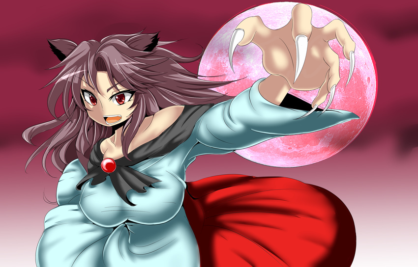 animal_ears bare_shoulders breasts brooch brown_hair claws dress fangs fingernails full_moon highres imaizumi_kagerou jewelry large_breasts long_fingernails long_hair long_sleeves moon open_mouth red_eyes solo torii5011 touhou wide_sleeves wolf_ears